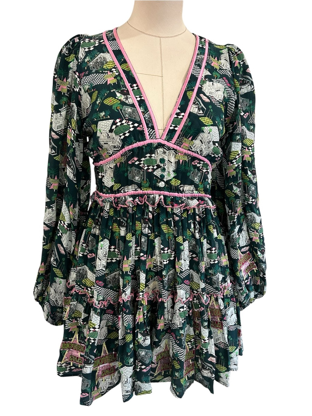 Taj Sabrina Crippa sequin Palm Springs  Motel print midi dress small